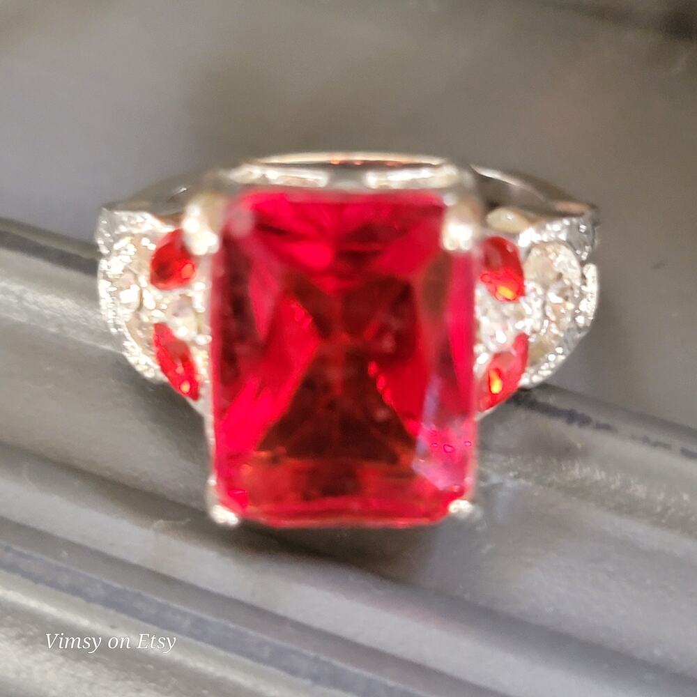 Sterling Silver Red Glass Ring Cubic Zirconia Accent Stones Size 6 3/4
